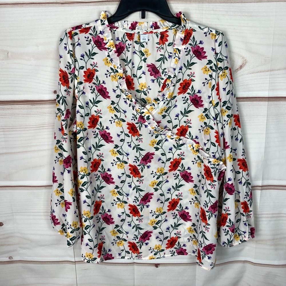 Old Navy Top Womens L White Floral Faux Wrap Blouse V-Neck Long Sleeve Pullover